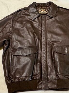 Men's Brown Leather Bomber Jacket with Front Flap Pockets